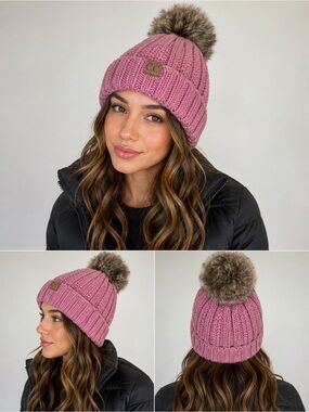 C.C Exclusives Mauve Pink Faux Fur Pom Pom Chunky Knit Beanie
